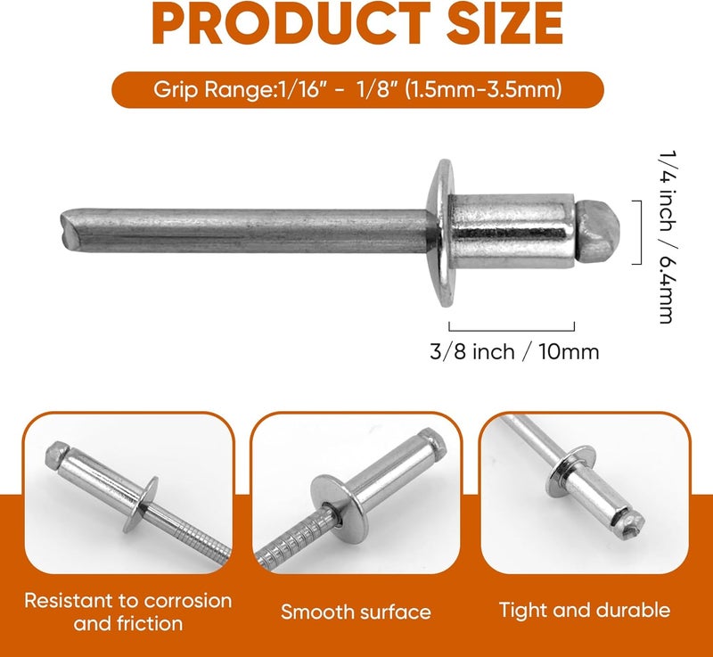 ALLCLEAN 50 Pcs 1/4" x 3/8" Stainless Steel Blind Pro Rivets,6.4 x 10mm Pop Rivets,Stainless Steel Grip and Stainless Steel Mandrel - Image 2